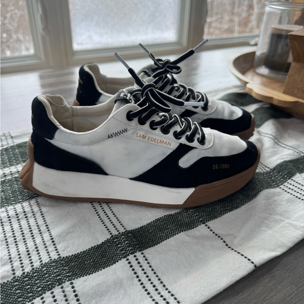 Sam Edelman Black and White Sneakers with Brown Sole